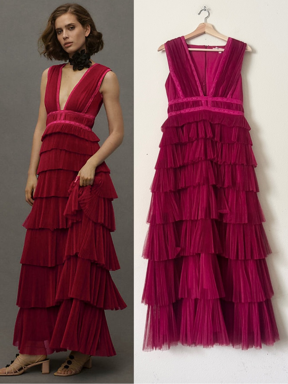 Hutch 4P Charley sleeveless plunge neck tiered tulle maxi dress in wine red